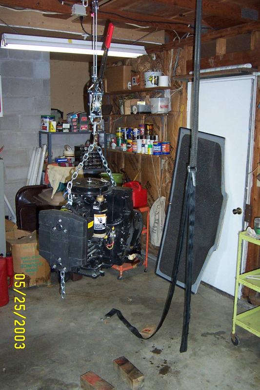 Mirage Jet Boat/Engine Rebuild/MJBE Motor on hoist 2